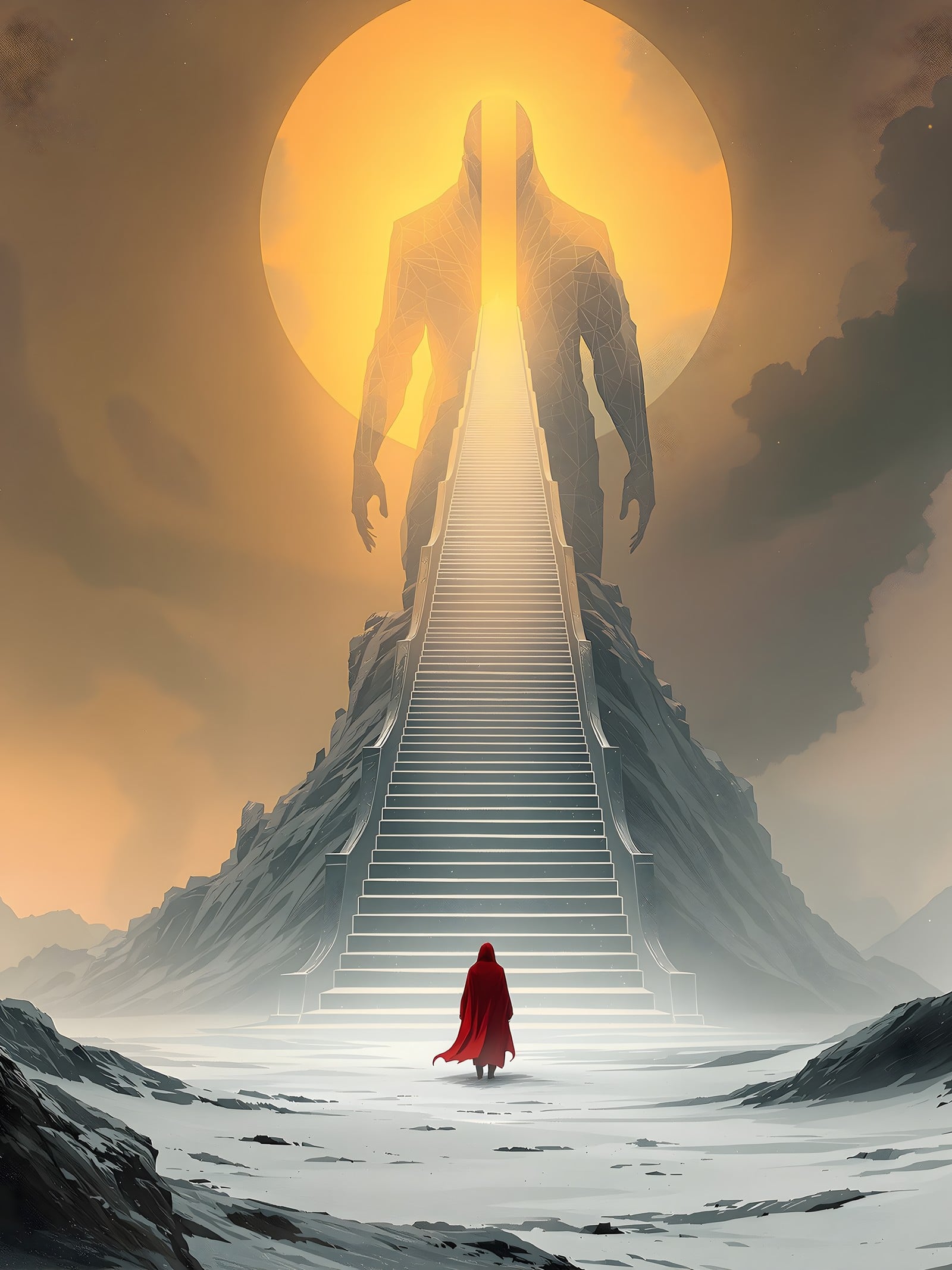 Red Cloak Ascending Giant's Steps to Golden Sun, red cloak, giant steps, golden sun, fantasy art, ascension, mystical