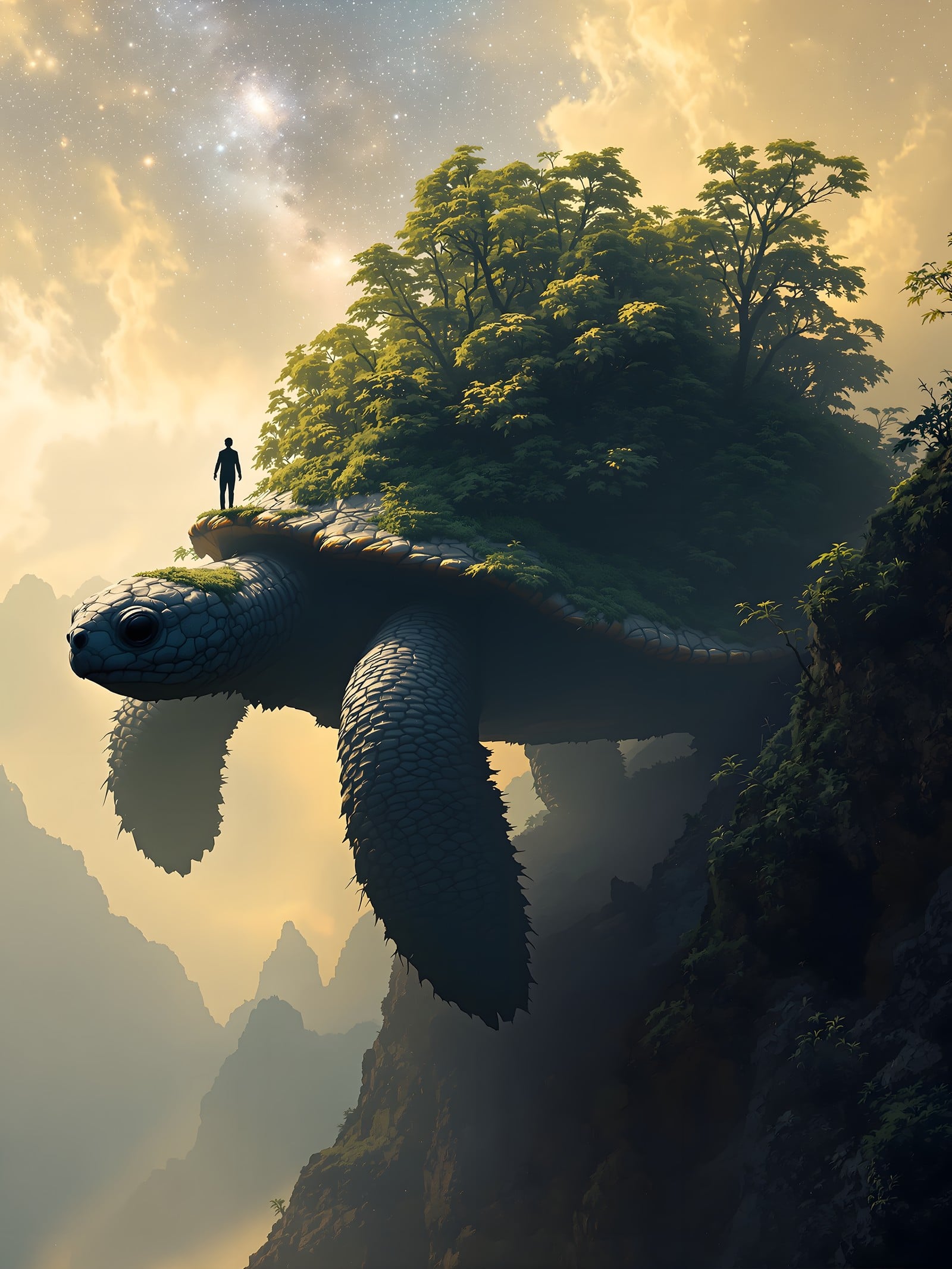 Celestial Turtle Island with Lonely Traveler, celestial turtle, fantasy island, flying turtle, nature, space, mountains
