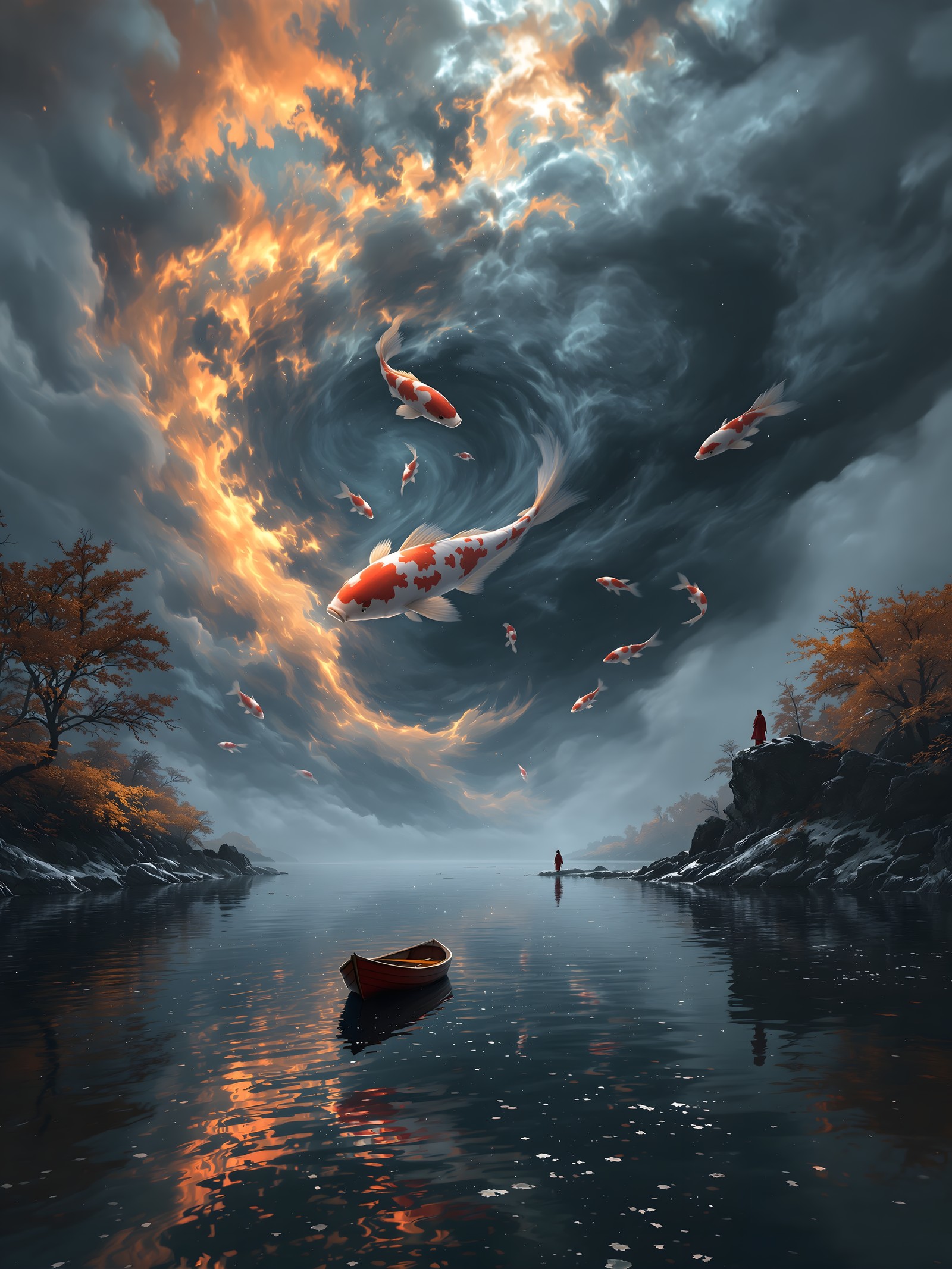 Fantasy Koi Fish Sky Lake Wallpaper, koi fish, fantasy lake, ethereal sky, surreal, autumn colors, celestial