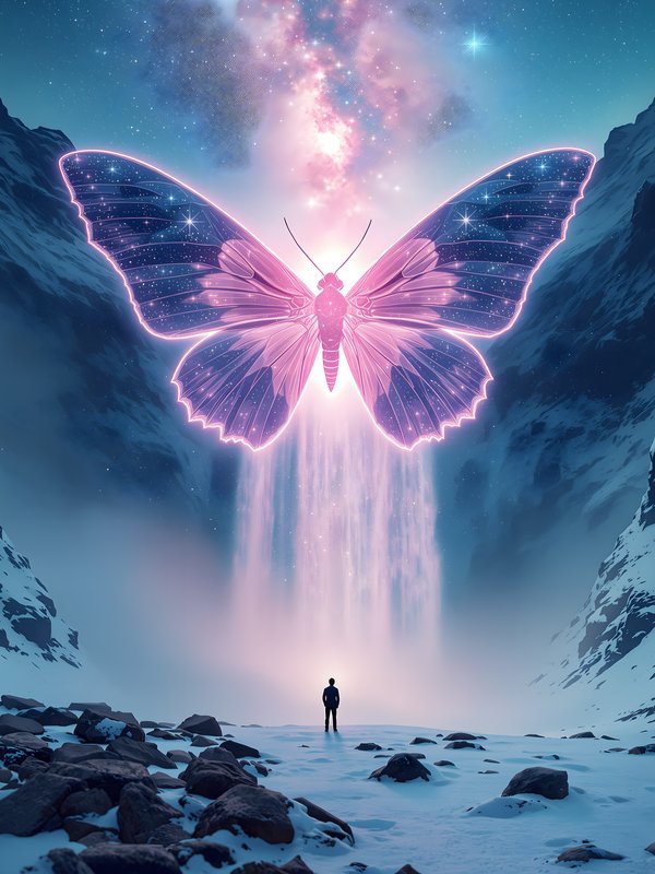 Neon Butterfly Galaxy Waterfall & Lone Figure