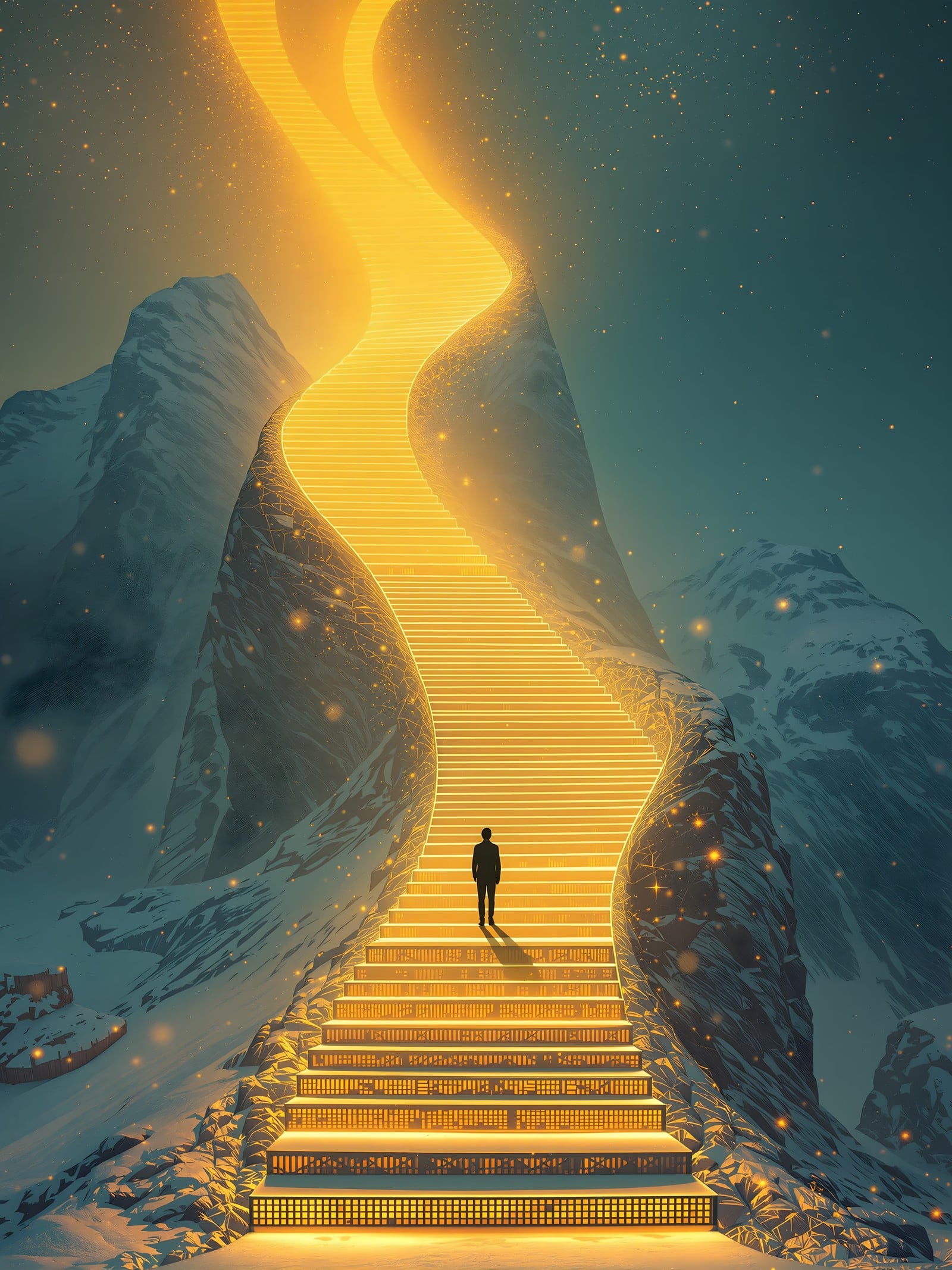 Golden Stairway to the Sky Mountain Wallpaper, golden stairs, mountain wallpaper, fantasy art, spiritual journey, celestial, teal sky