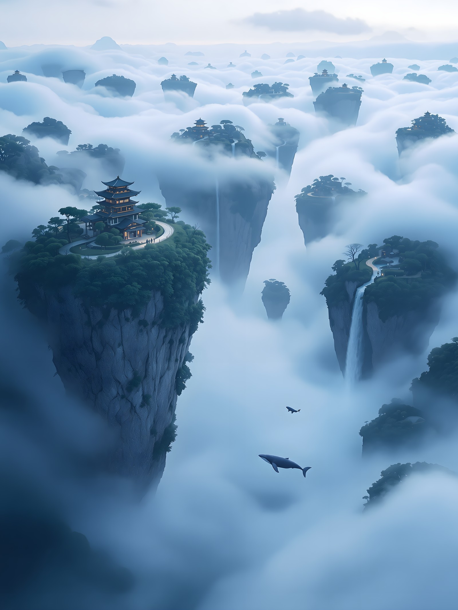 Fantasy Floating Islands Pagoda and Flying Whales, fantasy landscape, floating islands, pagoda, flying whales, misty, clouds