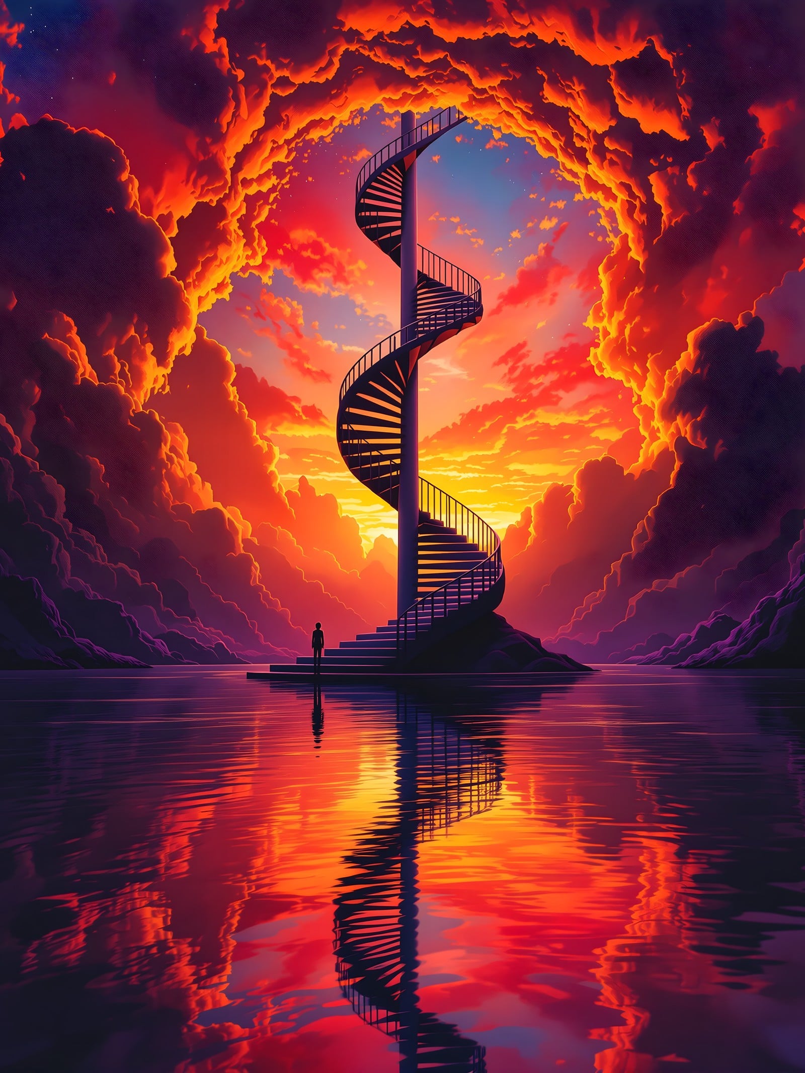 Spiral Staircase to Fiery Sunset Clouds, spiral staircase, fiery sunset, cloudscape, fantasy art, water reflection, dreamy aesthetic