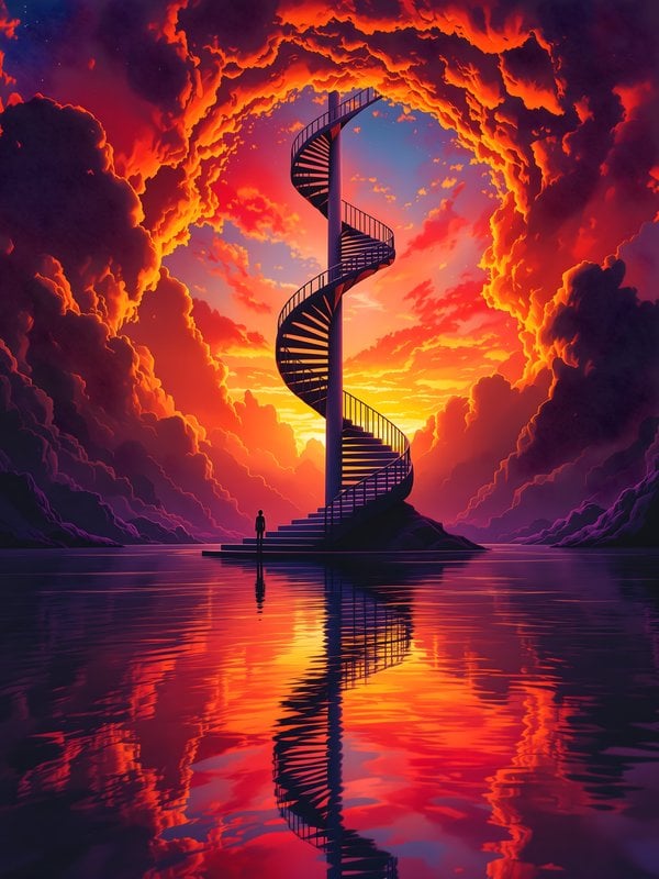 Spiral Staircase to Fiery Sunset Clouds