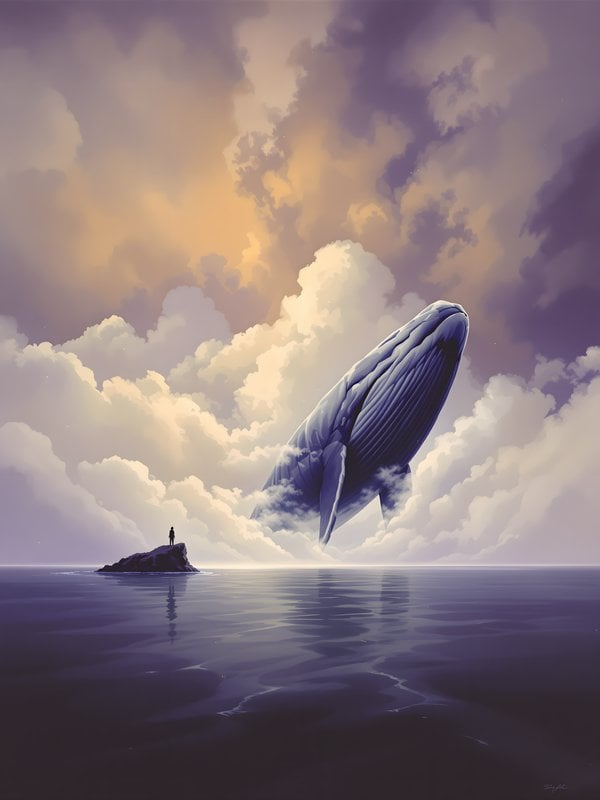 Dream Whale Ascends Clouds Over Ocean Solitude