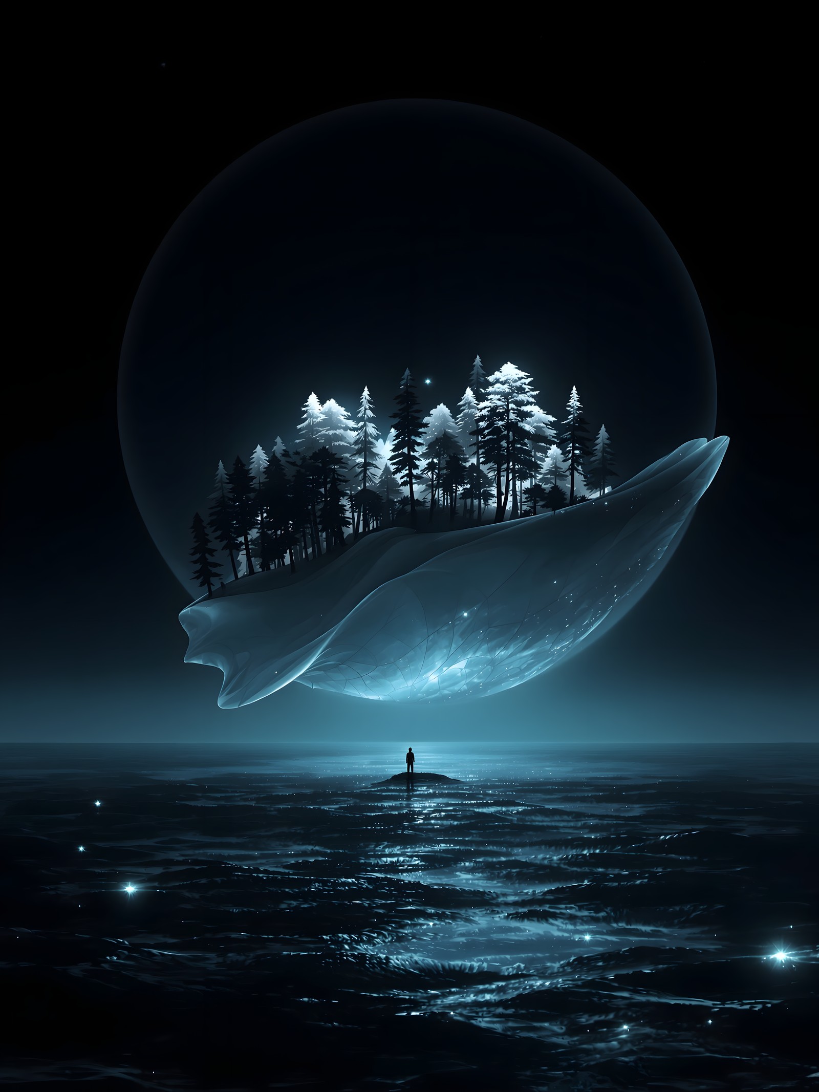 Floating Island Forest at Night with Lone Figure, floating island, fantasy forest, dark fantasy, surreal art, night scene, lone figure