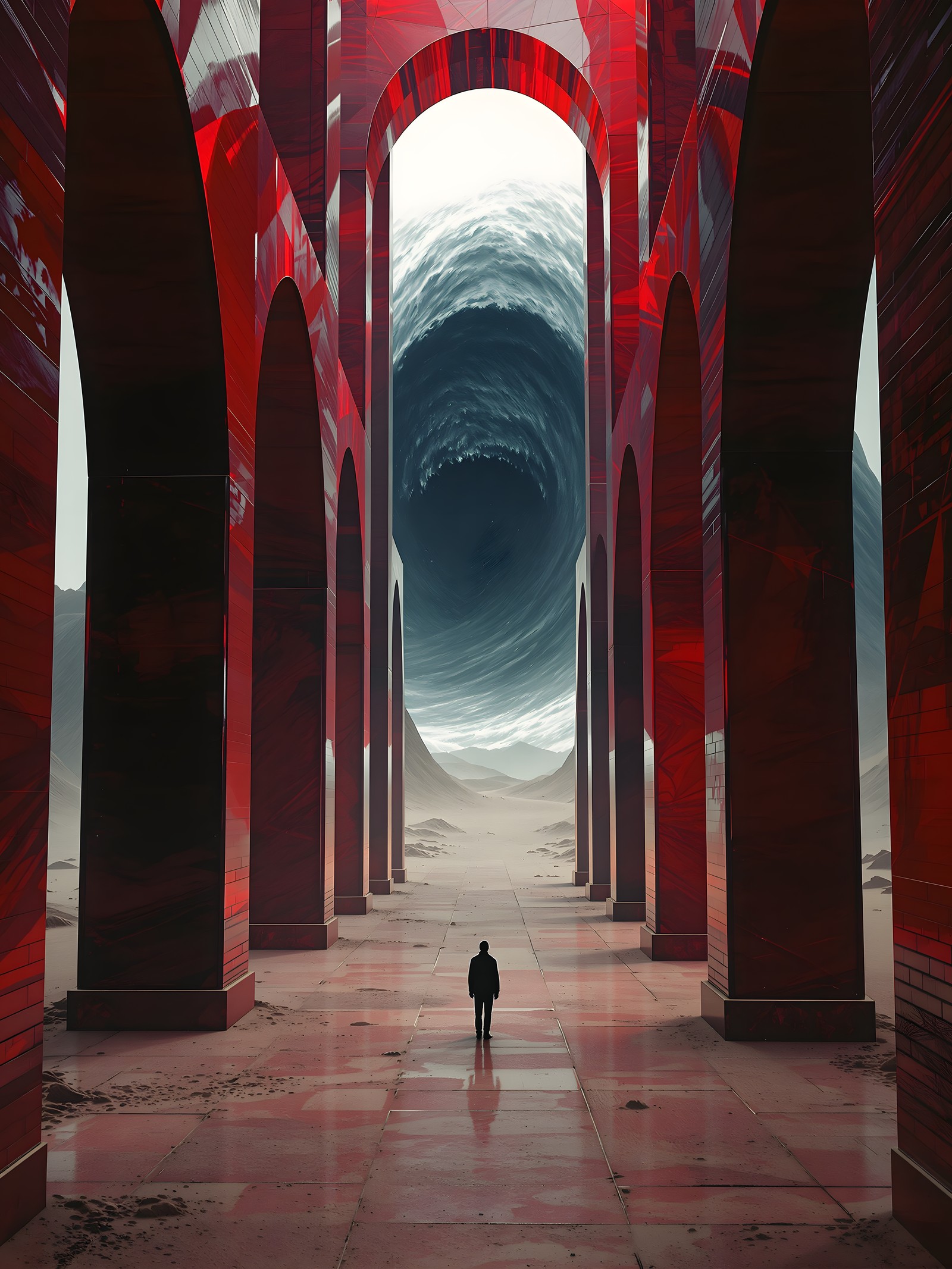 Red Arches to Chaotic Vortex Portal, red arches, vortex, portal, surreal, fantasy, dystopian