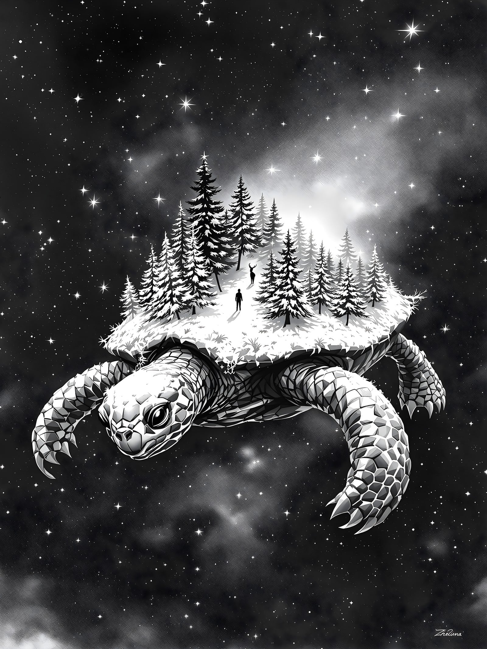 Cosmic Turtle Forest Wanderer Grayscale, cosmic turtle, space forest, grayscale, black and white, fantasy art, surreal