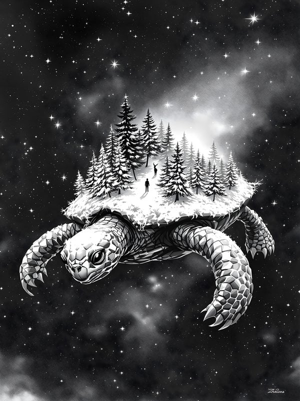 Cosmic Turtle Forest Wanderer Grayscale