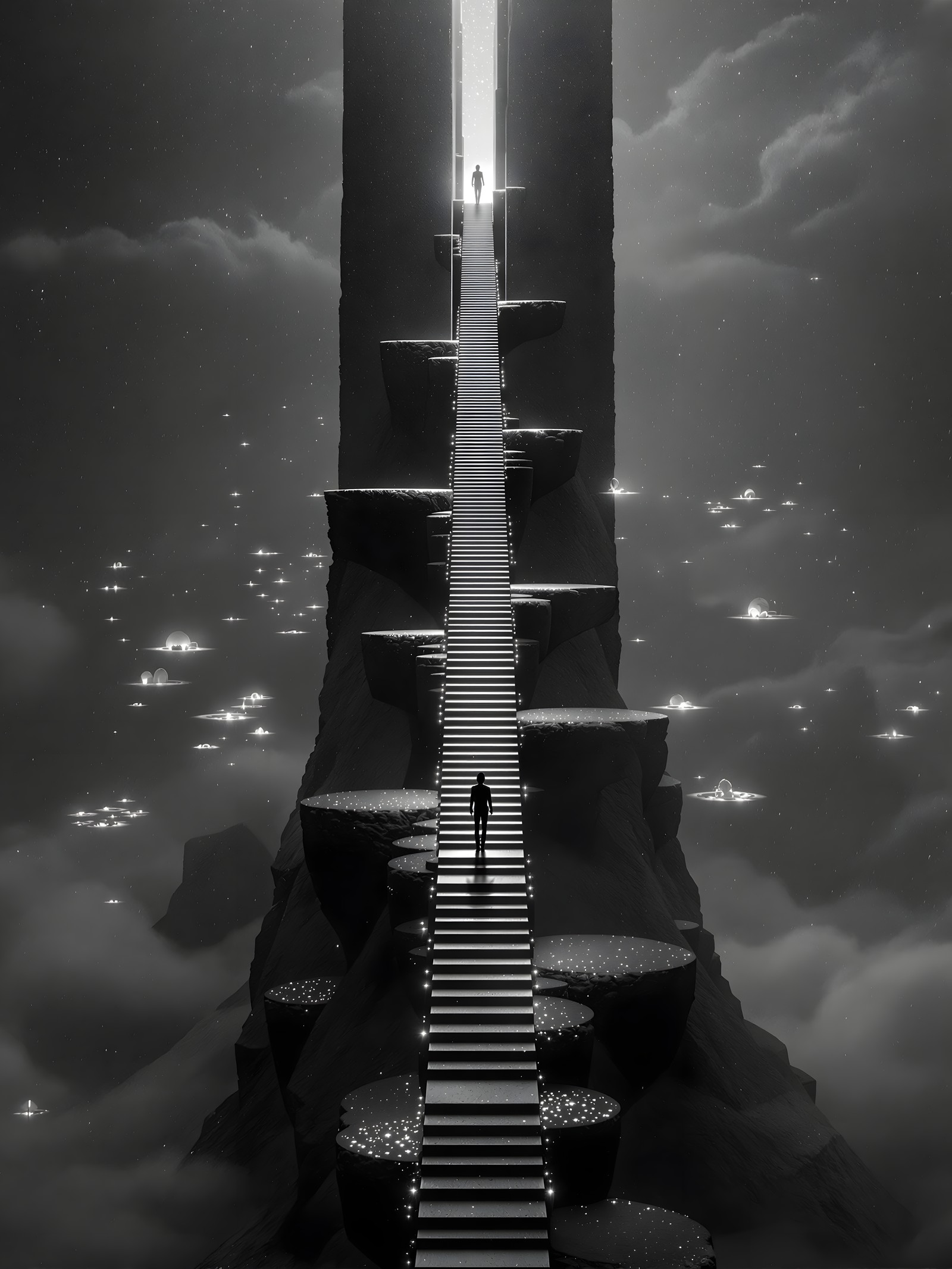 Stairway to Light: Ascending Cosmic Path, stairway to heaven, black and white, monochromatic, surreal, fantasy, cosmic