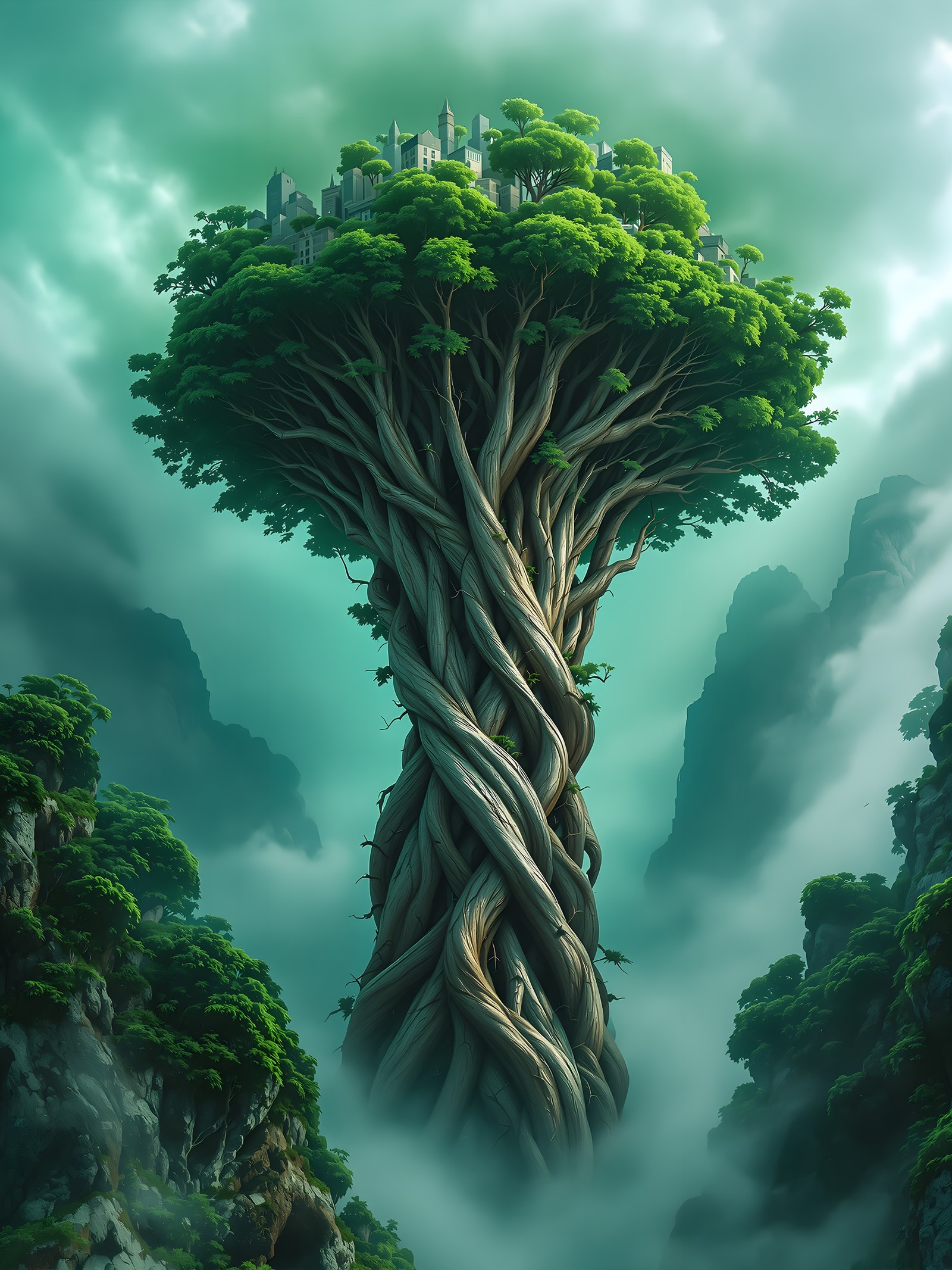 Giant World Tree City in Misty Green Valley Wallpaper, world tree, fantasy city, misty forest, green aesthetic, nature fantasy, mystical