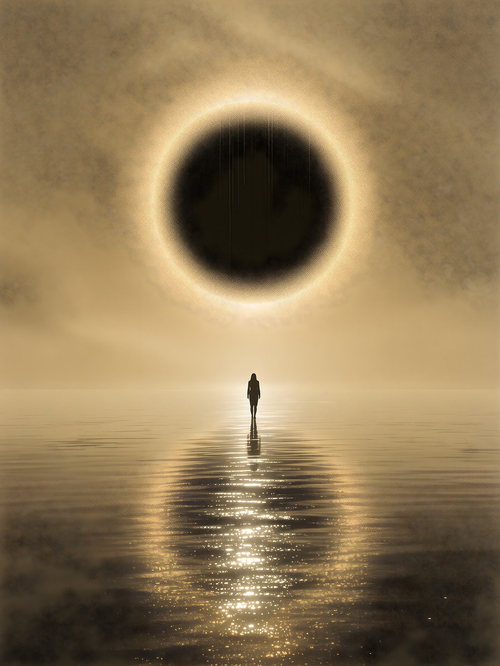 Cosmic Eclipse over Serene Waters, eclipse, cosmic, surreal, golden, water reflection, silhouette