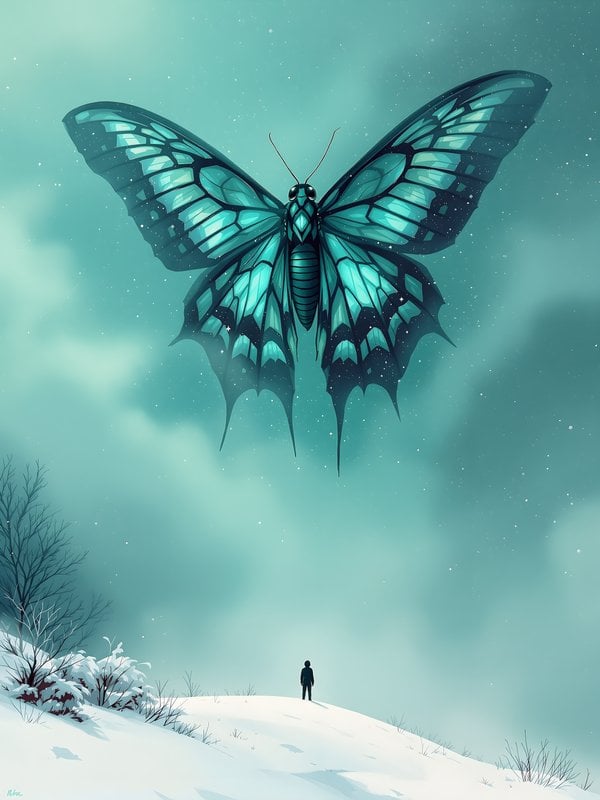 Winter Dreamscape with Giant Teal Butterfly