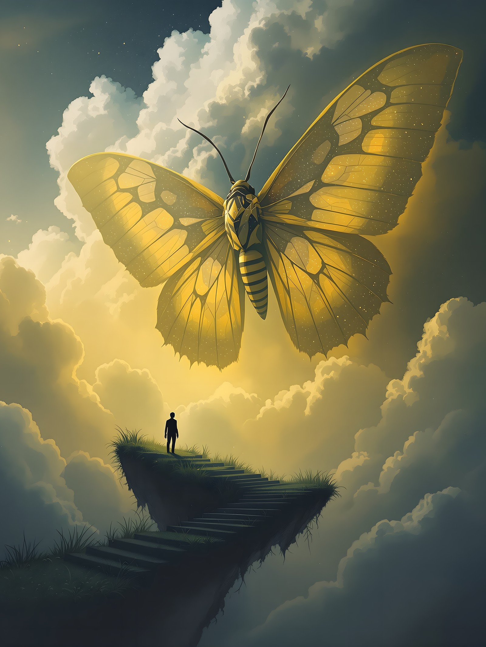 Giant Golden Butterfly Dreamscape with Floating Islands, golden butterfly, fantasy landscape, floating island, dreamscape, surreal art, digital painting