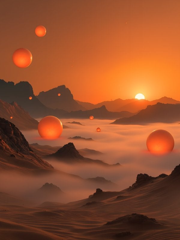Orange Sky Desert Planet with Floating Orbs