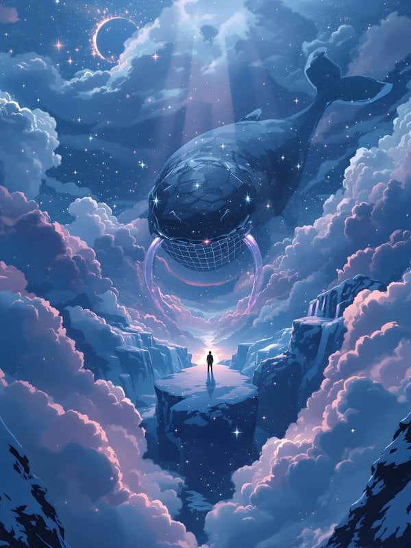 Celestial Whale & Man in Starry Cloud Canyon