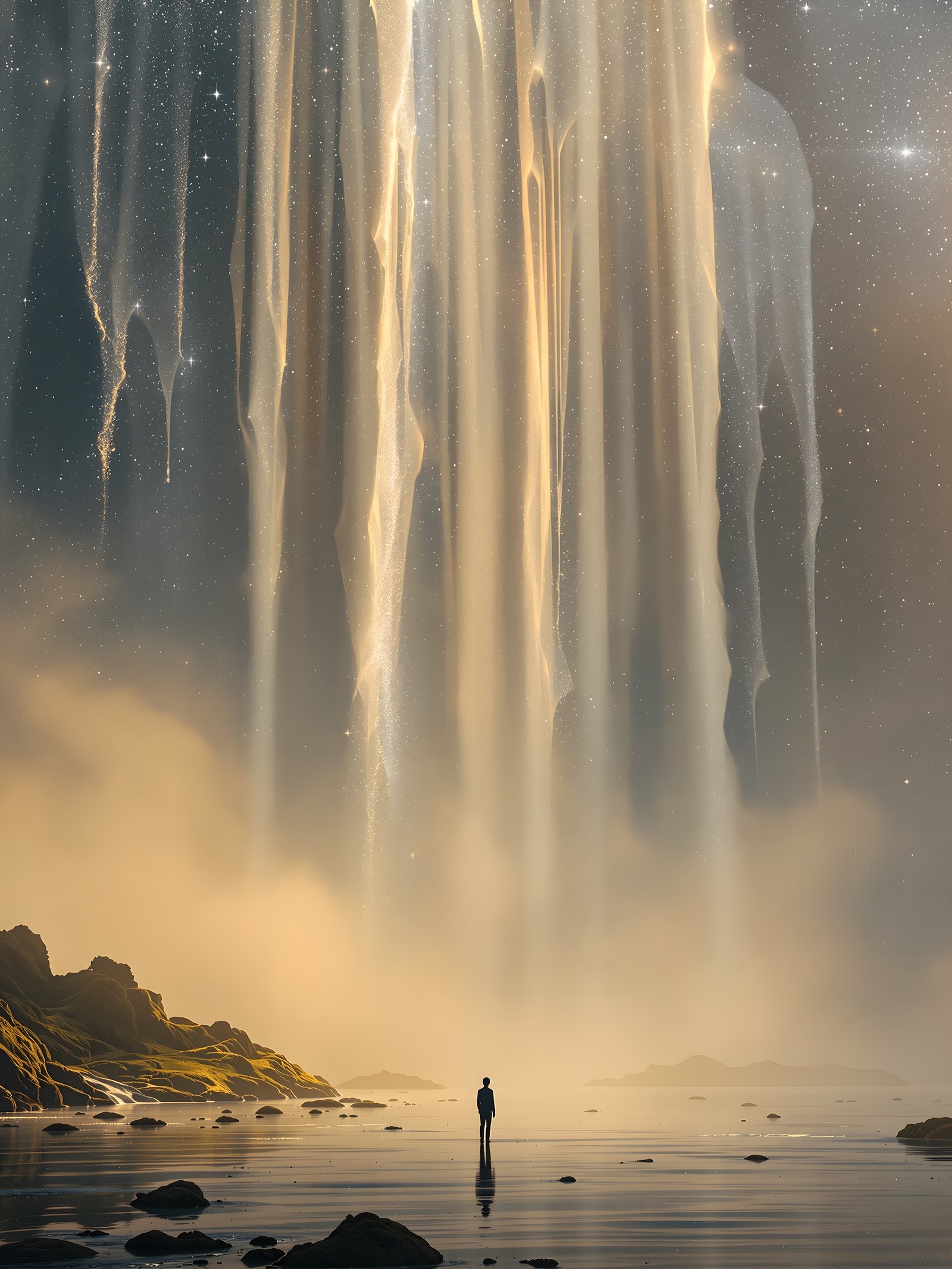 Celestial Light Beams Over Lone Figure at Shore, fantasy, celestial, light beams, lone figure, shore, stars