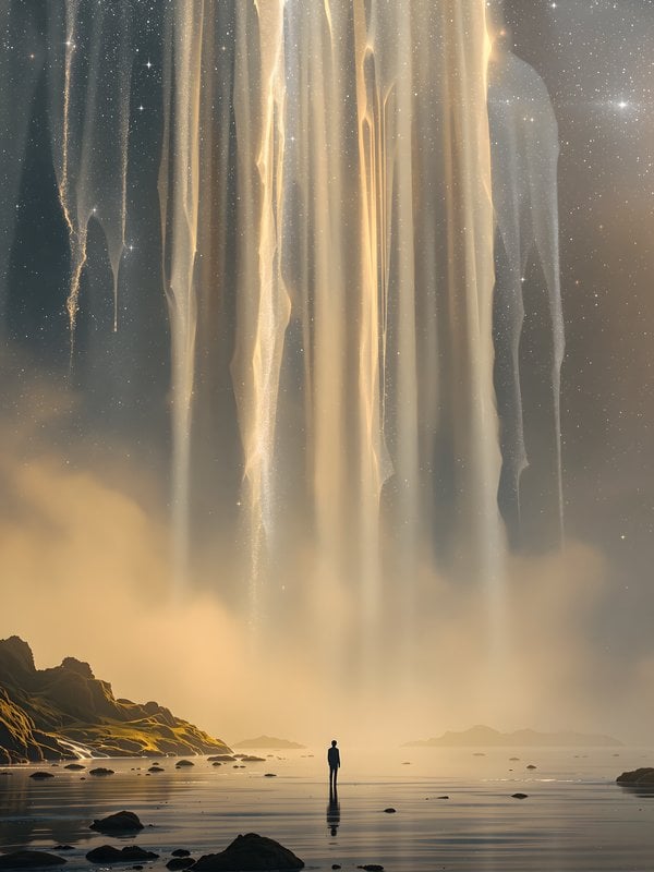 Celestial Light Beams Over Lone Figure at Shore