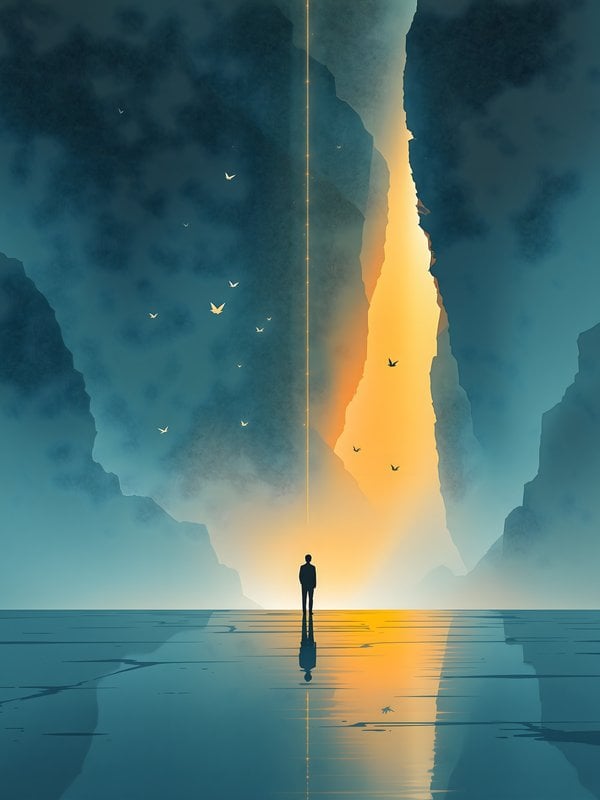 Minimal Man Standing by Golden Light in Canyon