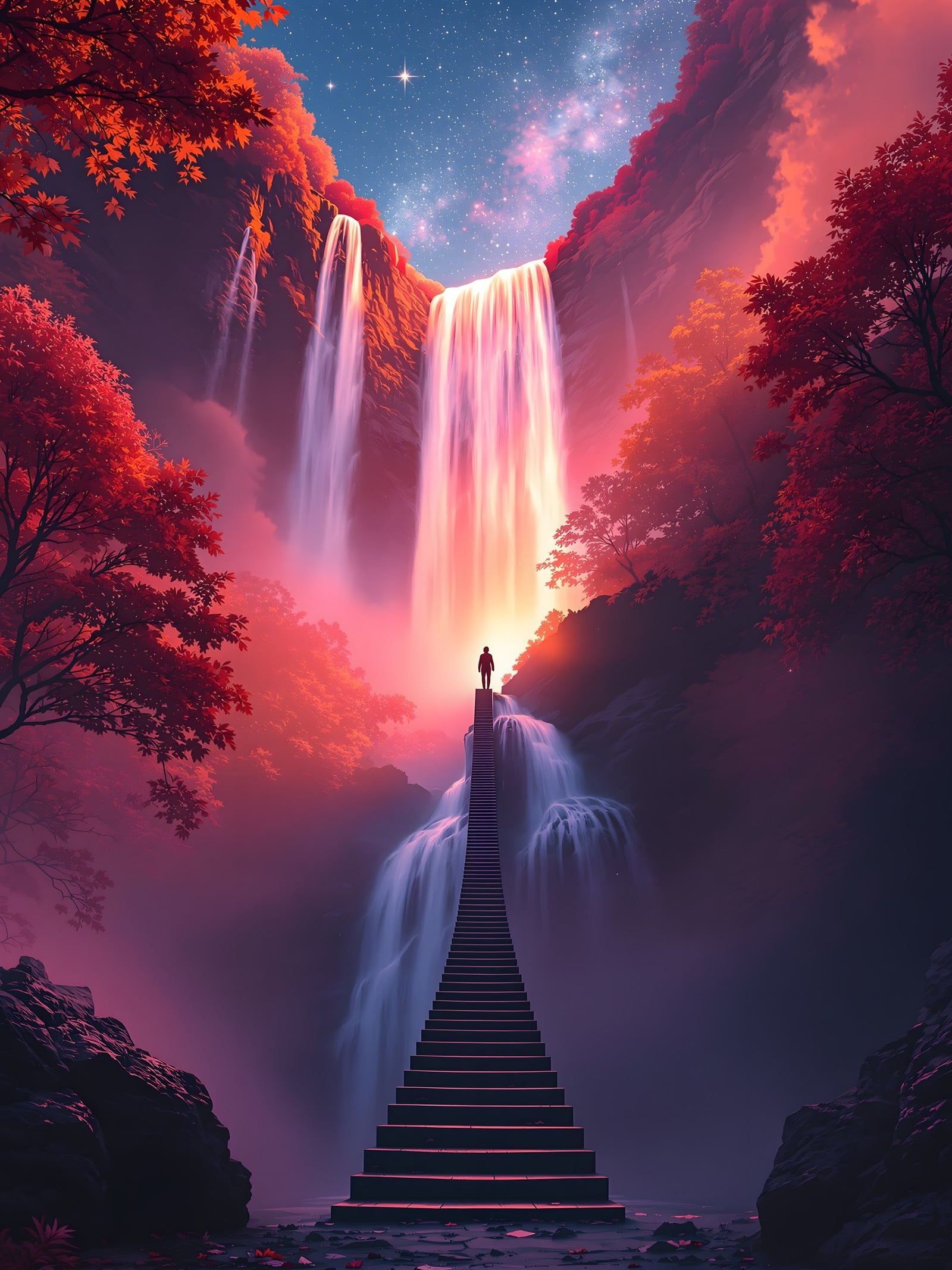 Stairway to Celestial Waterfall under Starry Sky, waterfall, stairway, fantasy, celestial, stars, glowing