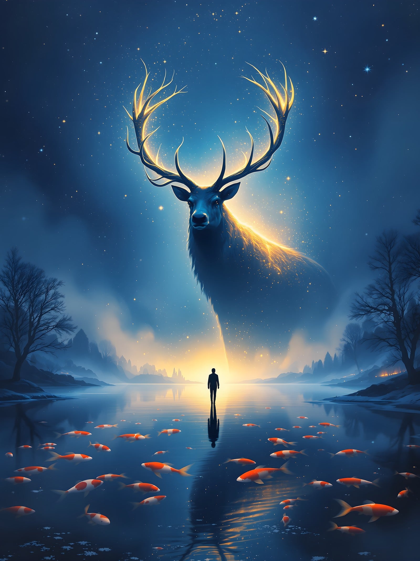 Fantasy Deer Spirit Over Starry Lake, fantasy deer, glowing antlers, starry lake, koi fish, mystical, dreamy