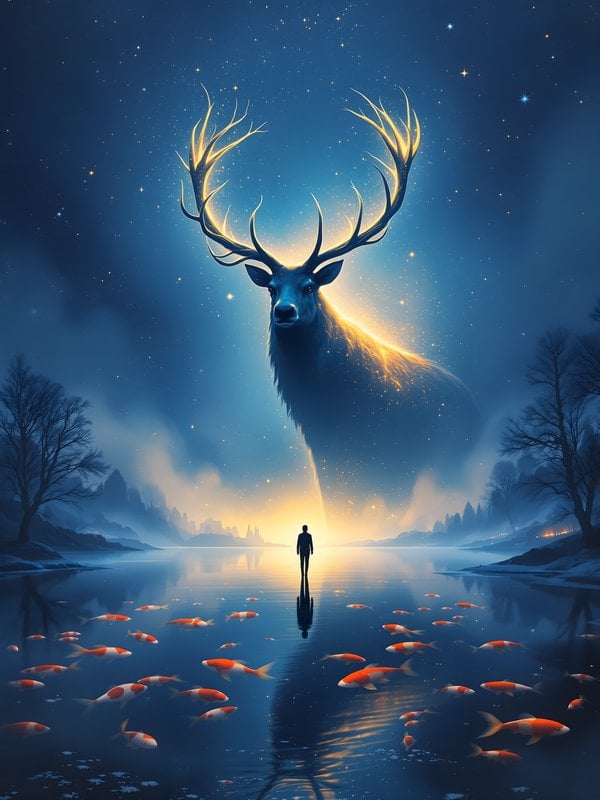 Fantasy Deer Spirit Over Starry Lake