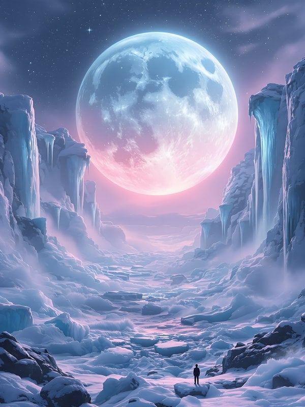 Arctic Wonderland with Giant Moon & Lone Figure