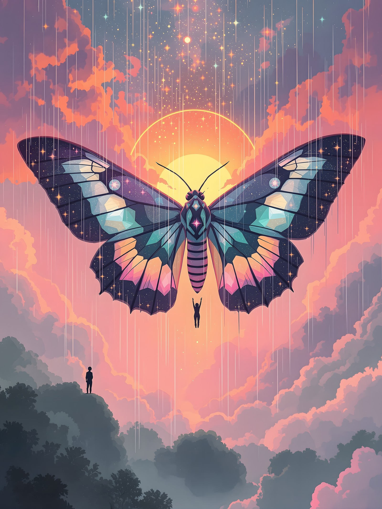 Cosmic Butterfly Sunset Dream, cosmic butterfly, sunset, fantasy art, dreamy aesthetic, pastel colors, celestial