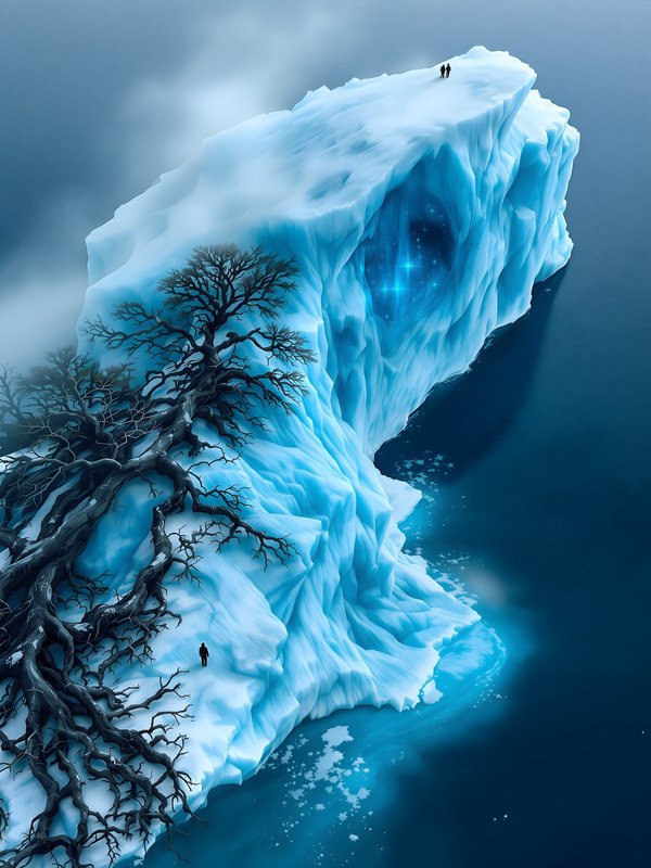 Mysterious Iceberg with Glowing Cave & Bare Trees