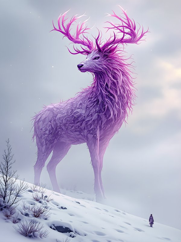 Mystical Purple Deer in Snowy Landscape