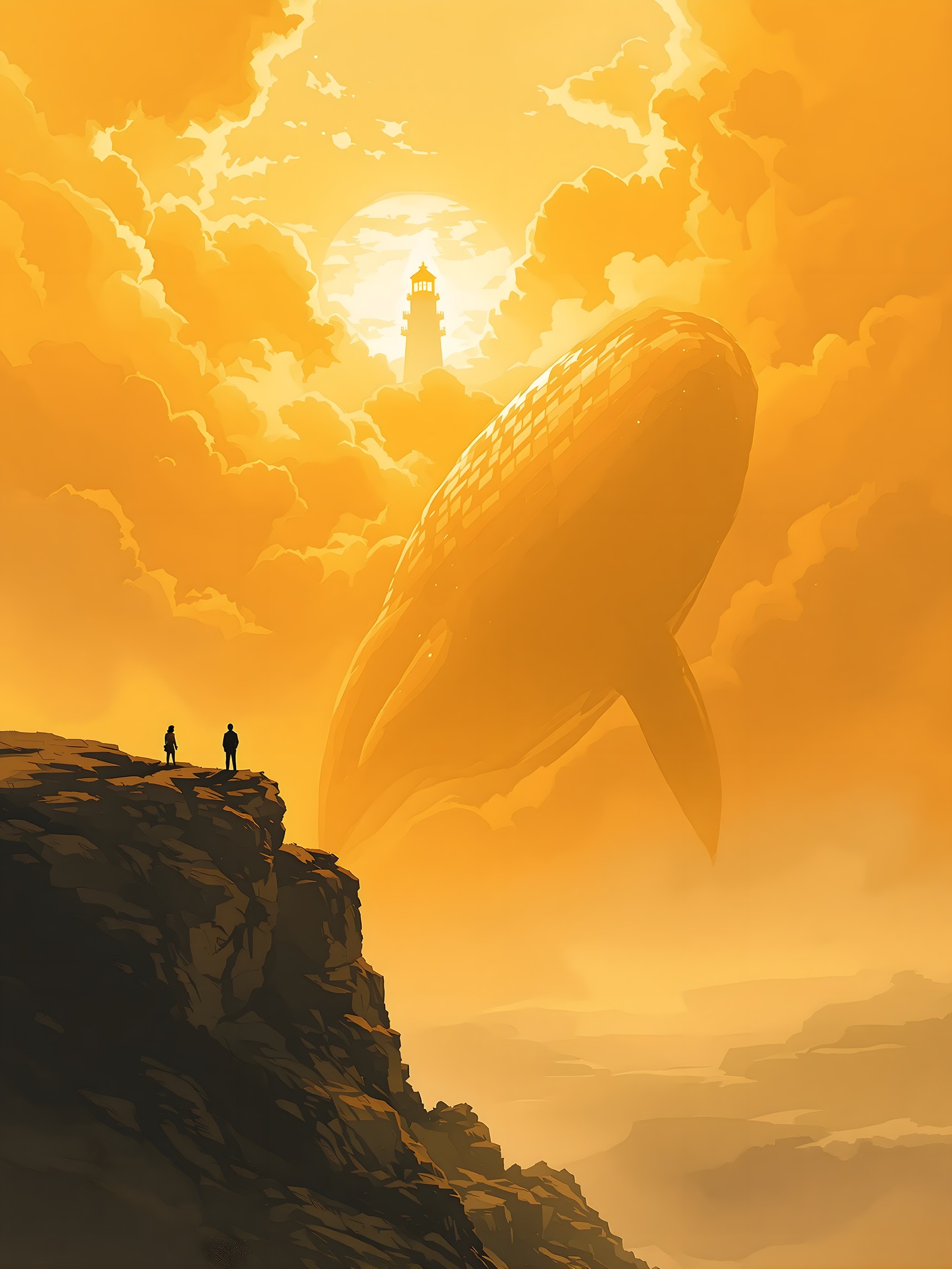 Flying Whale & Lighthouse Fantasy Sunset, flying whale, fantasy art, lighthouse, sunset, golden hour, surreal landscape