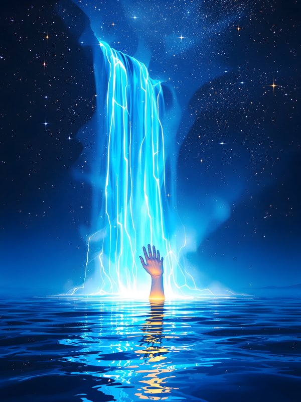 Cosmic Waterfall Hand Reaching from Water Wallpaper