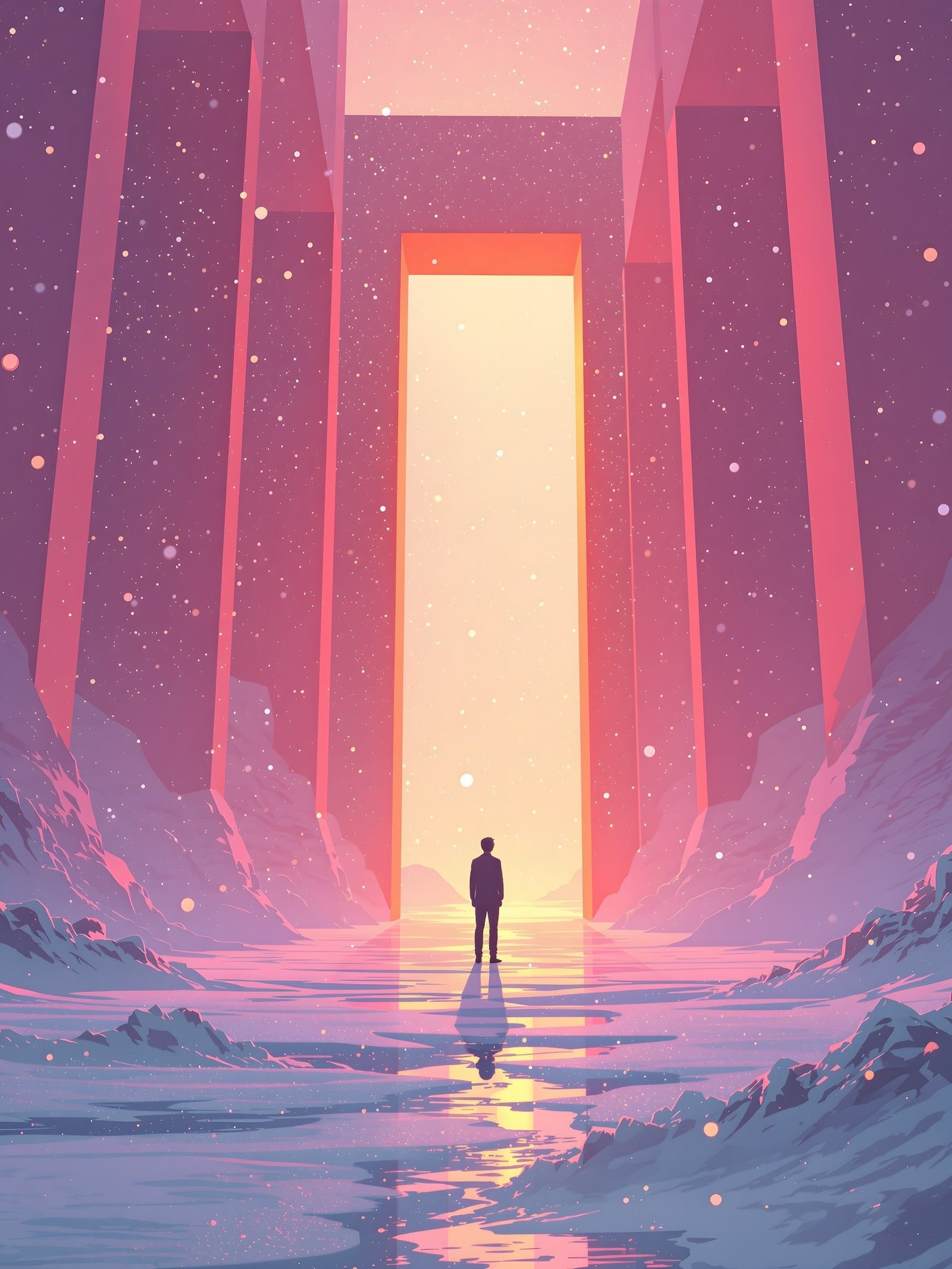 Fantasy Portal Landscape with Silhouette, fantasy, portal, silhouette, landscape, snow, pink