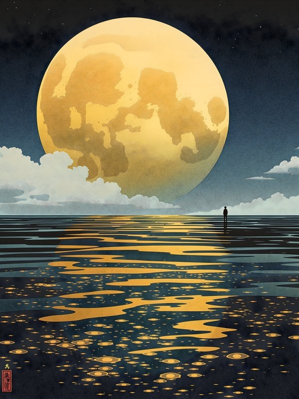Giant Moon & Solitary Figure Over Water at Night