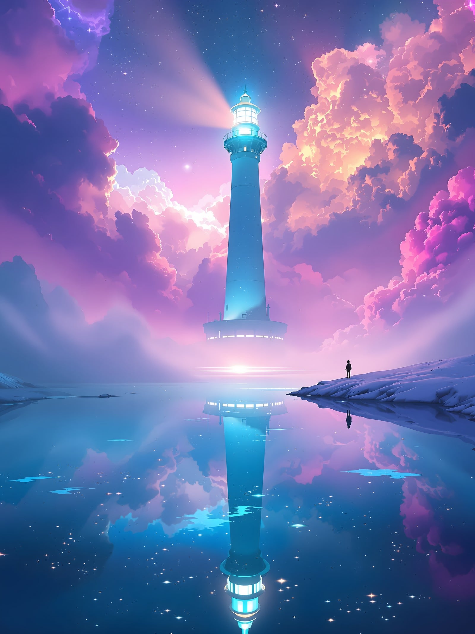 Fantasy Lighthouse on Starry Lake, Pastel Clouds, fantasy, lighthouse, pastel clouds, starry sky, reflection, lake