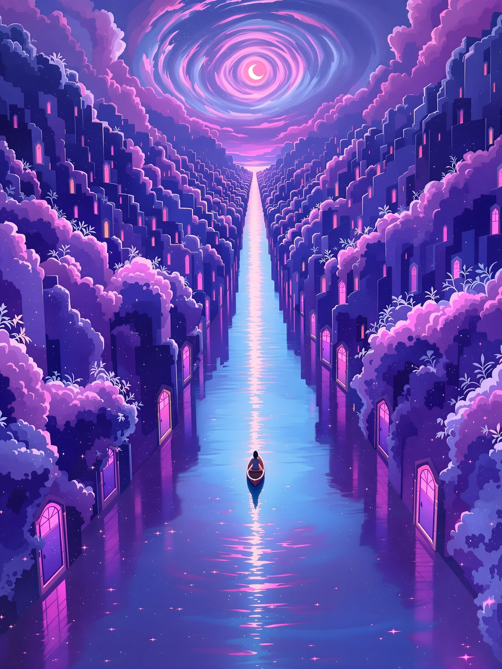 Dreamy Purple Canal City with Swirling Moon, purple city, dreamy canal, fantasy landscape, celestial moon, vibrant colors, aesthetic wallpaper