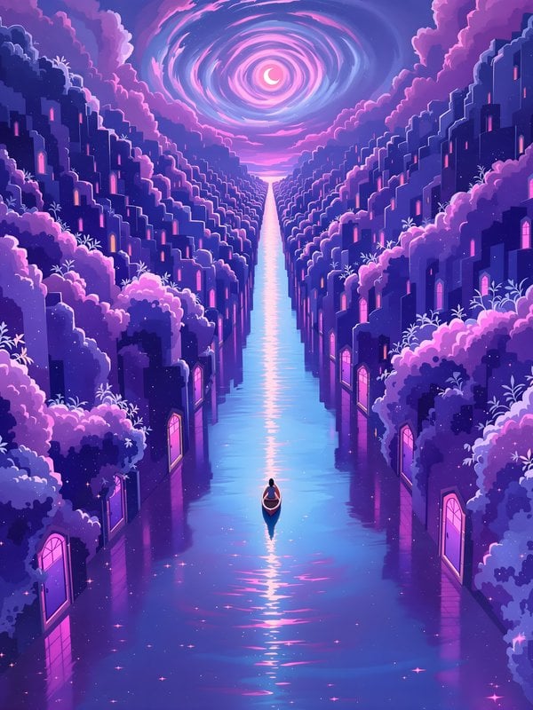 Dreamy Purple Canal City with Swirling Moon