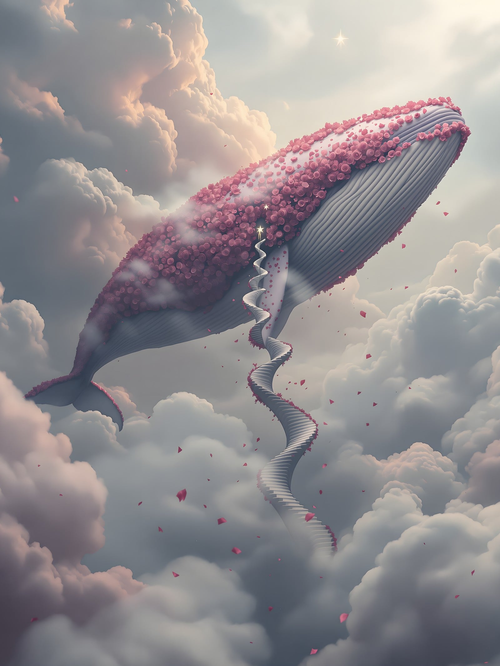 Dream Whale Ascending Through Pink Clouds, whale, pink roses, dreamy, fantasy, clouds, surreal