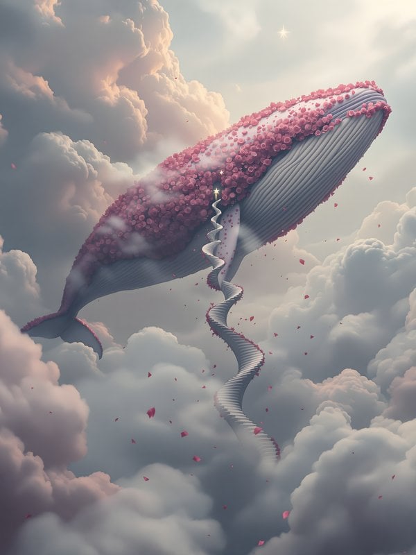 Dream Whale Ascending Through Pink Clouds