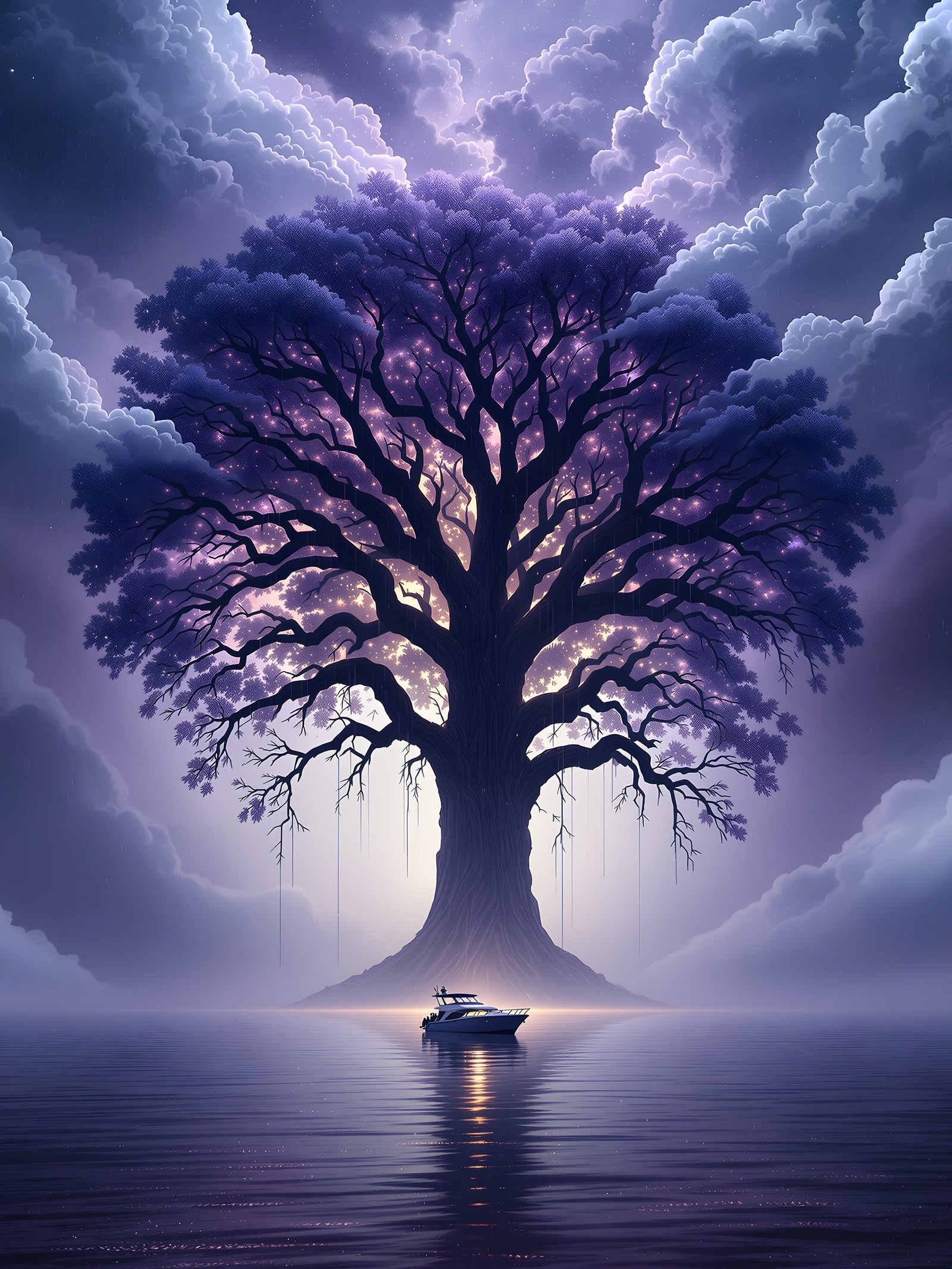 Mystic Purple Tree of Life on Serene Water, mystic tree, purple tree, tree of life, fantasy landscape, magical forest, serene wallpaper