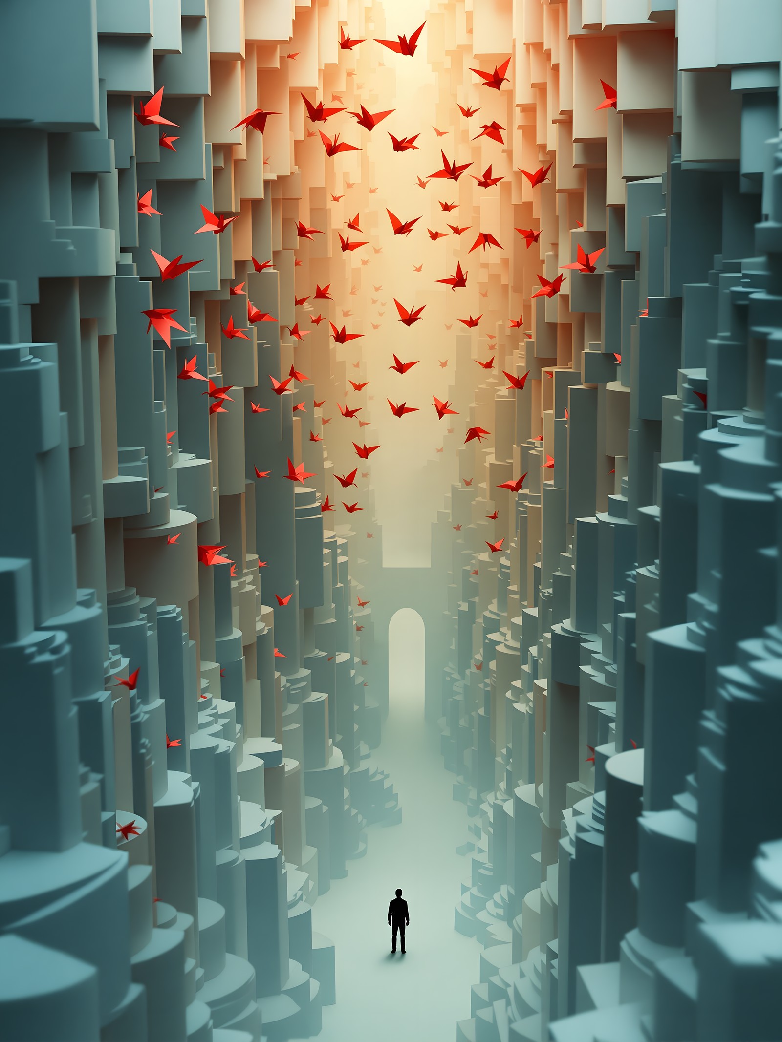 Origami Birds Path of Hope Digital Art, origami birds, red cranes, hope, path, journey, geometric