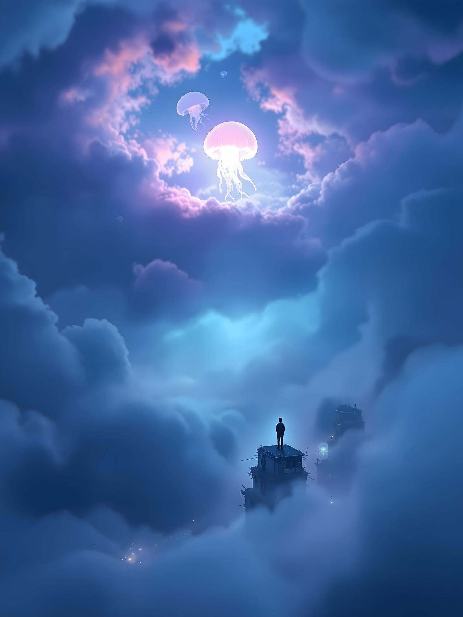 Dreamy Jellyfish Sky with Lone Figure, jellyfish, fantasy, dreamy, clouds, surreal, ethereal