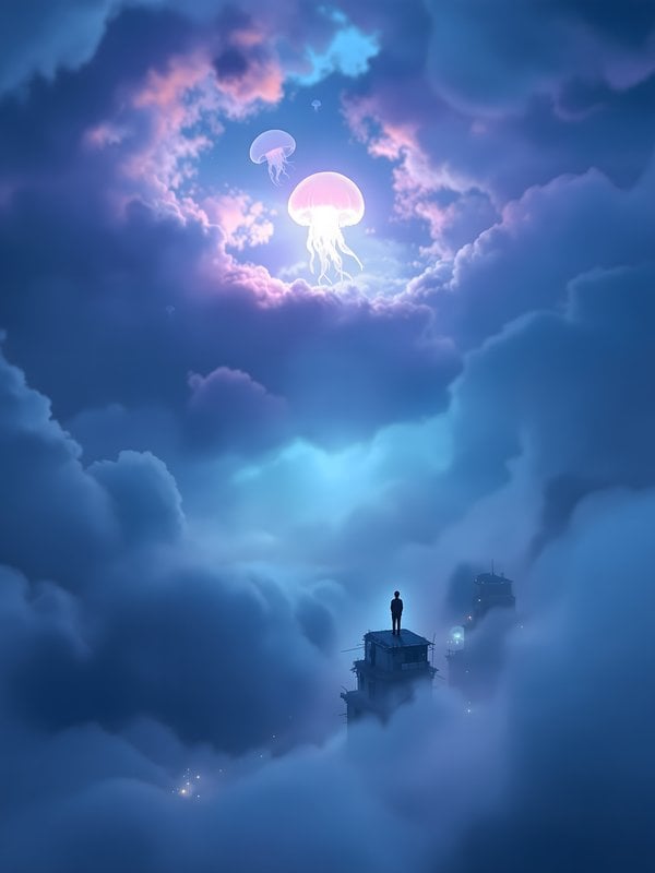 Dreamy Jellyfish Sky with Lone Figure