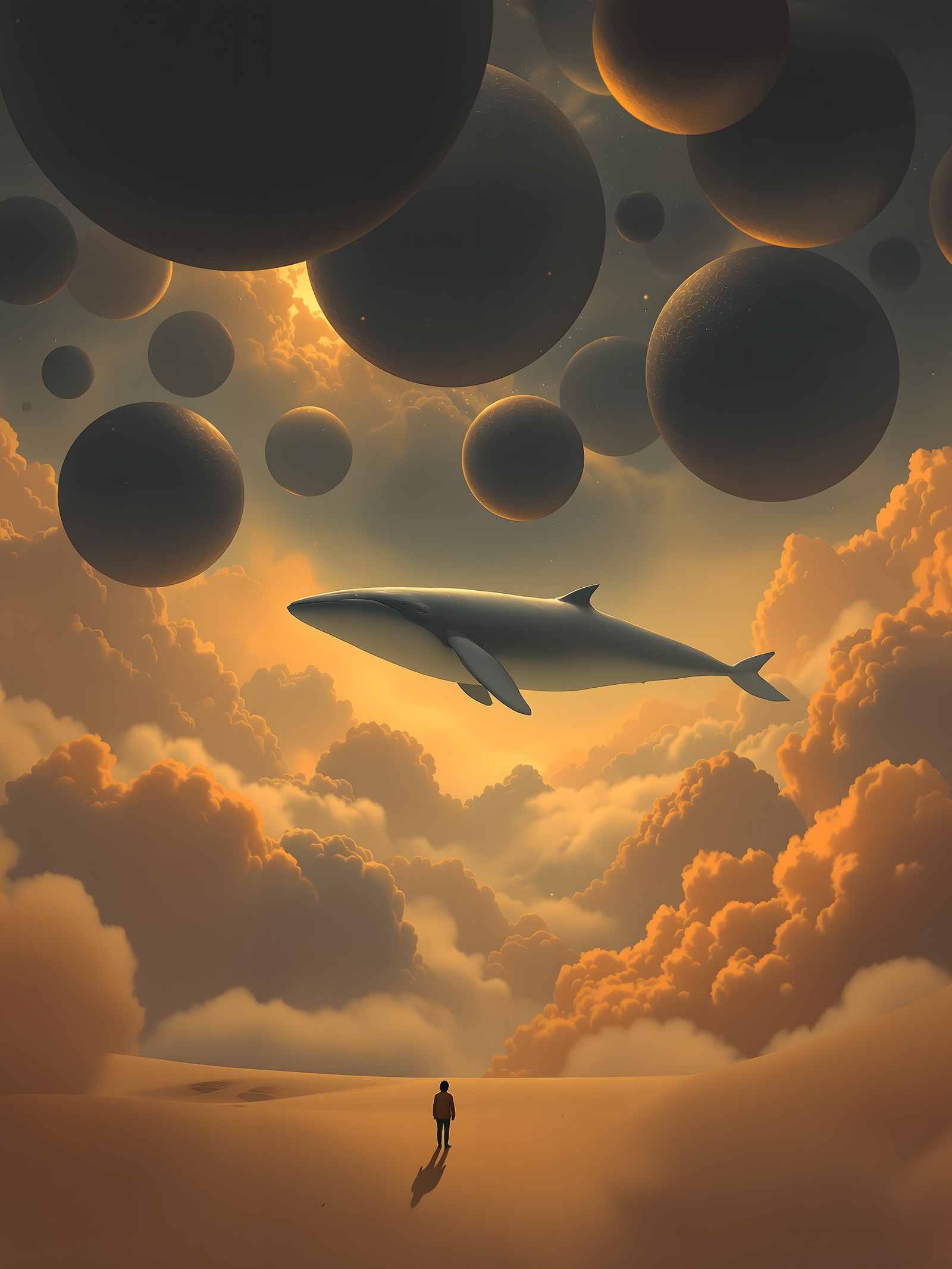 Desert Whale Dreamscape with Floating Orbs, whale, desert, fantasy, dreamscape, floating orbs, sunset