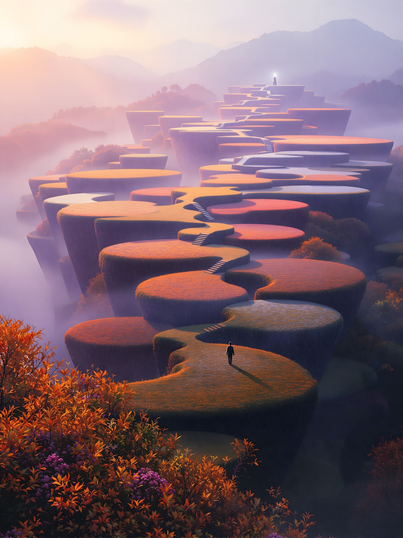 Misty Fantasy Landscape with Winding Paths, fantasy landscape, dreamy art, misty mountains, sculpted gardens, purple sunset, path to light