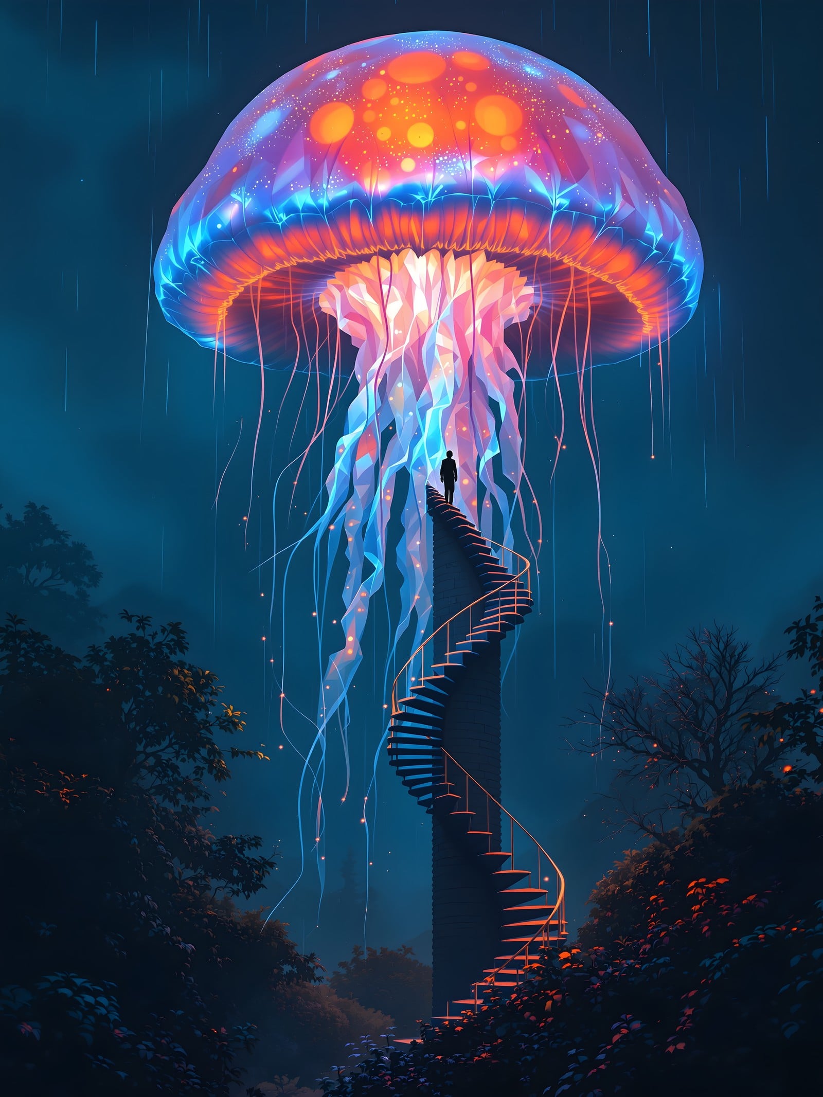 Cosmic Jellyfish Spiral Stairway Fantasy Art, cosmic jellyfish, spiral staircase, fantasy art, mystical forest, glowing creature, surreal